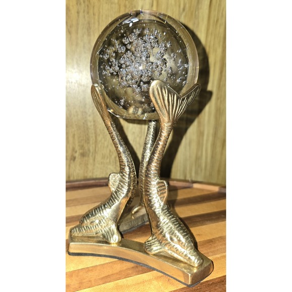 Vintage 4" Crystal Ball  with Dolphin Brass Stand 5.25" Orb Stunning Heavy - Picture 12 of 15